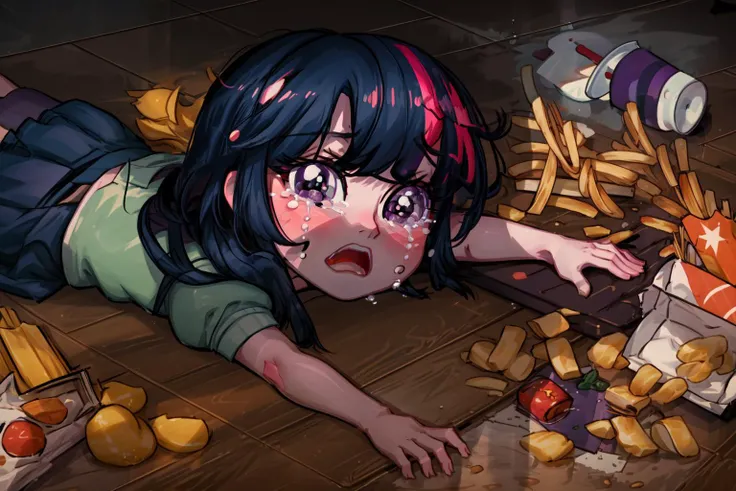 masterpiece,best quality,apuspill,1girl,mlptwilight,long hair,open mouth,tears,crying,spill,food,french fries,school,<lyco:Pose-meme-Apu Spills his Tendies(apuspill)(0.7)-TecnoIA:0.7>,<lora:mlp_twilightsparkle:0.9>,