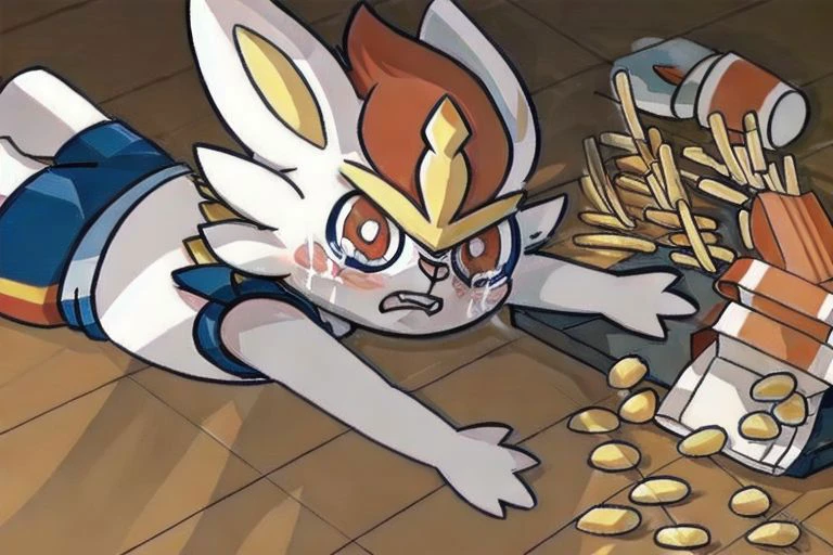 crying cinderace red eyes apuspill tearing up, meme, spill, french fries solo, blush, open mouth,