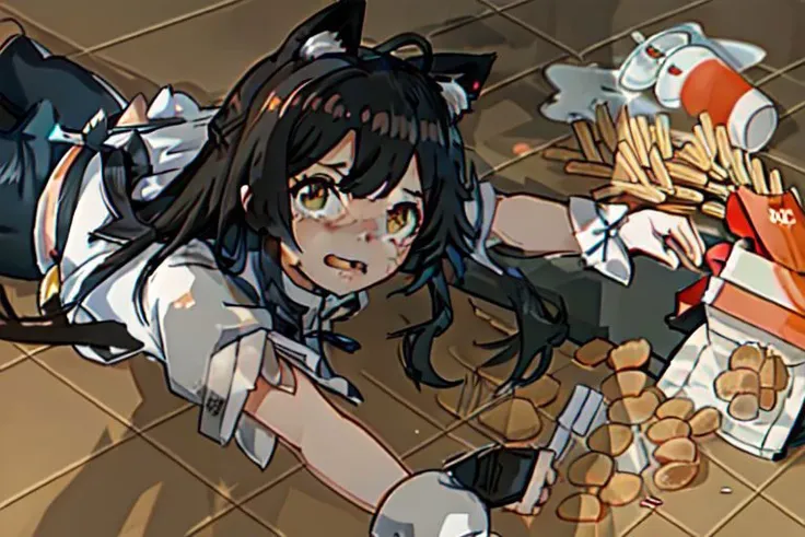 atago (Embarrassed), cat ears. black hair, beautiful and cute face, Brown eyes,long hair, absurdres, highres, ultra detailed, <lora:KobeniV1-000019:0.9>, formal:1.1), nervous, crying, open mouth, meme, spill, french fries, burger, apuspill, <lyco:apuspill:0.7>