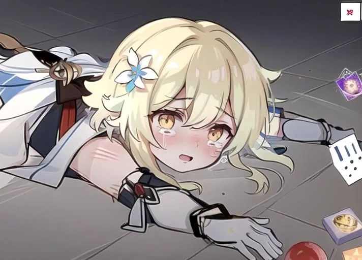 <lyco:apuspill-08:0.7> apuspill, 1girl, blush, open mouth, bangs, blonde hair, simple background, hair ornament, gloves, white background, dress, hair between eyes, yellow eyes, flower, detached sleeves, tears, hair flower, white dress, ..., short hair with long locks, meme, spoken ellipsis, vision (genshin impact), gameplay mechanics, reference inset