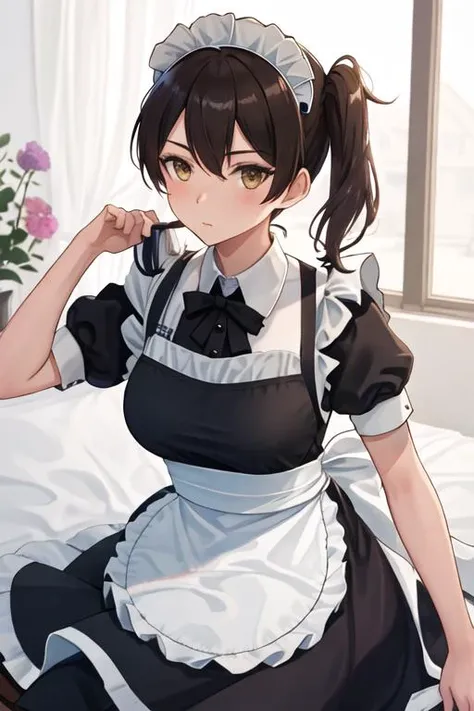best quality, masterpiece, highres, solo, {maid:1.40}, {long maid dress:1.15}, {kaga_kantaicollection:1.15}, brown_hair, side_ponytail, brown_eyes, short_hair, breasts, long_hair