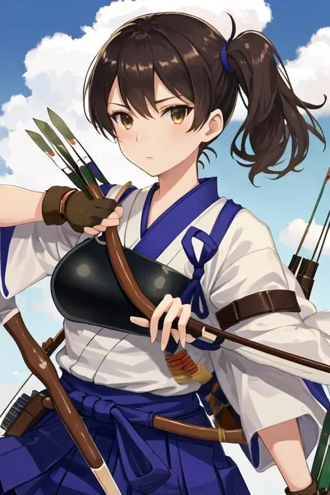 best quality, masterpiece, highres, solo, {kaga_kantaicollection:1.15}, brown_hair, side_ponytail, brown_eyes, short_hair, , long_hair, 1girl, brown_gloves, flight_deck, gloves, hakama, hakama_short_skirt, hakama_skirt, japanese_clothes, muneate, partially_fingerless_gloves, skirt, tasuki, weapon, yugake, bow_\(weapon\), single_glove, blue_hakama, arrow_\(projectile\), sky, cloud, holding, upper_body, cowboy_shot, holding_weapon, outdoors, quiver