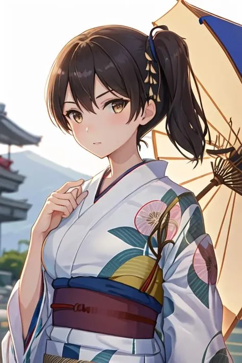 best quality, masterpiece, highres, solo, {yukata:1.40}, {kimono:1.20}, {kaga_kantaicollection:1.15}, brown_hair, side_ponytail, brown_eyes, short_hair, breasts, long_hair