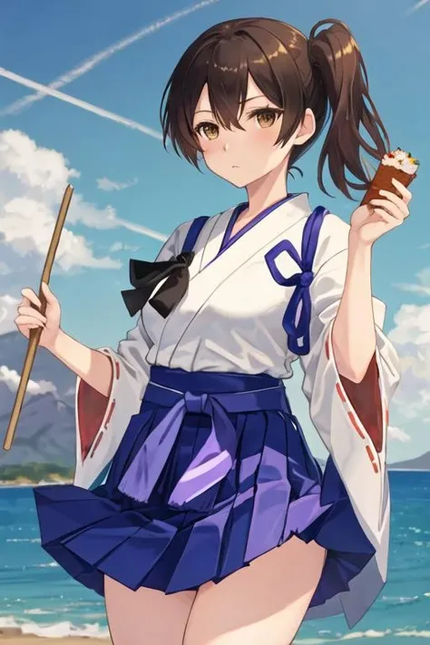 best quality, masterpiece, highres, solo, {kaga_kantaicollection:1.15}, brown_hair, side_ponytail, brown_eyes, short_hair, breasts, long_hair, 1girl, artist_name, chibi, japanese_clothes, tasuki, blue_hakama, hair_between_eyes, hakama, hakama_skirt, skirt, hakama_short_skirt, food, holding, holding_food, minigirl, solo_focus