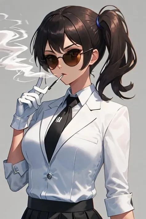 best quality, masterpiece, highres, solo, {black business suit:1.40}, {tie:1.20}, {sunglasses:1.25}, {white gloves:1.15}, {white shirt:1.10}, {black skirt:1.15}, {smoking:1.20}, handsome, {kaga_kantaicollection:1.15}, brown_hair, side_ponytail, brown_eyes, short_hair, breasts, long_hair