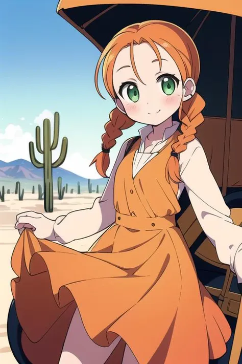 masterpiece,best quality,ultra detail, 1girl,petite,close up, orange hair, twin braids,blush, green eyes, yellow dress, skirt, white sleeves, red pendant,smile, outdoors, desert, <lora:wendy Garret:0.8>,rock,western horse carriage,cactus