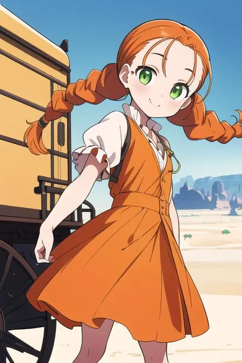 masterpiece,best quality,ultra detail, 1girl,petite,close up, orange hair, twin braids,blush, green eyes, yellow dress, skirt, white sleeves, red pendant,smile, outdoors, desert, <lora:wendy Garret:0.8>,rock,western horse carriage,cactus