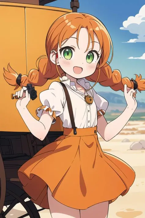 masterpiece,best quality,ultra detail, 1girl,ite, orange hair, twin braids,blush, green eyes, yellow dress, skirt, white sleeves, red pendant,smile, outdoors, desert, <lora:wendy Garret:0.8>,rock,western horse carriage,handgun,open mouth