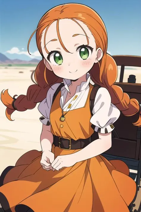 masterpiece,best quality,ultra detail, 1girl,petite,close up, orange hair, twin braids,blush, green eyes, yellow dress, skirt, white sleeves, red pendant,smile, outdoors, desert, <lora:wendy Garret:0.8>,rock,western horse carriage