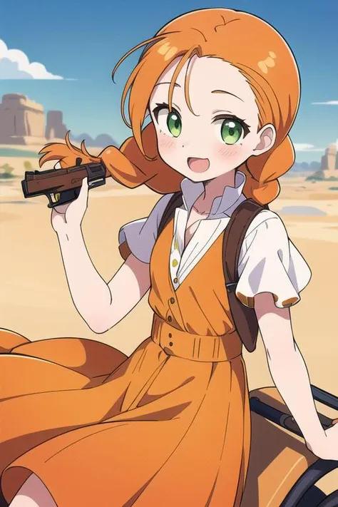 masterpiece,best quality,ultra detail, 1girl,petite, orange hair, twin braids,blush, green eyes, yellow dress, skirt, white sleeves, red pendant,smile, outdoors, desert, <lora:wendy Garret:0.8>,rock,western horse carriage,handgun,open mouth