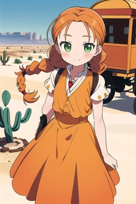 masterpiece,best quality,ultra detail, 1girl,petite,close up, orange hair, twin braids,blush, green eyes, yellow dress, skirt, white sleeves, red pendant,smile, outdoors, desert, <lora:wendy Garret:0.8>,rock,western horse carriage,cactus,old handgun