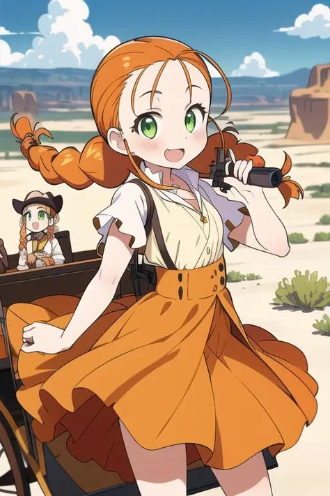 masterpiece,best quality,ultra detail, 1girl,petite, orange hair, twin braids,blush, green eyes, yellow dress, skirt, white sleeves, red pendant,smile, outdoors, desert, <lora:wendy Garret:0.8>,rock,western horse carriage,handgun,open mouth