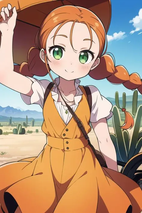 masterpiece,best quality,ultra detail, 1girl,petite,close up, orange hair, twin braids,blush, green eyes, yellow dress, skirt, white sleeves, red pendant,smile, outdoors, desert, <lora:wendy Garret:0.8>,rock,western horse carriage,cactus