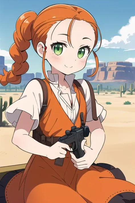 masterpiece,best quality,ultra detail, 1girl,petite,close up, orange hair, twin braids,blush, green eyes, yellow dress, skirt, white sleeves, red pendant,smile, outdoors, desert, <lora:wendy Garret:0.8>,rock,western horse carriage,cactus,old handgun