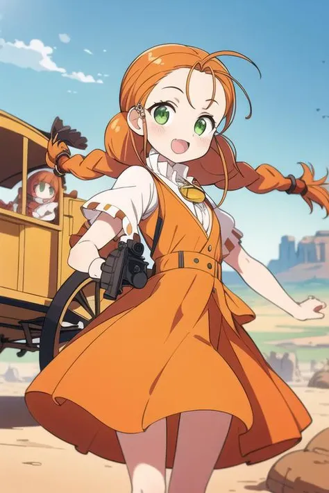 masterpiece,best quality,ultra detail, 1girl,ite, orange hair, twin braids,blush, green eyes, yellow dress, skirt, white sleeves, red pendant,smile, outdoors, desert, <lora:wendy Garret:0.8>,rock,western horse carriage,handgun,open mouth
