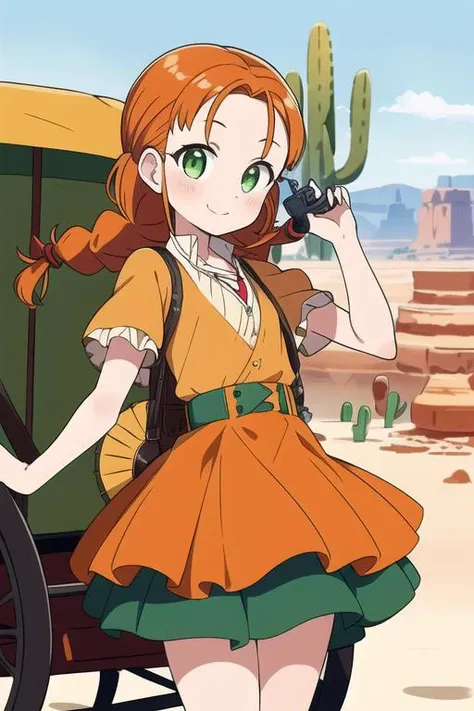 masterpiece,best quality,ultra detail, 1girl,petite,close up, orange hair, twin braids,blush, green eyes, yellow dress, skirt, white sleeves, red pendant,smile, outdoors, desert, <lora:wendy Garret:0.8>,rock,western horse carriage,cactus,old handgun