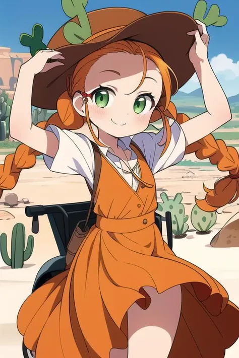 masterpiece,best quality,ultra detail, 1girl,petite,close up, orange hair, twin braids,blush, green eyes, yellow dress, skirt, white sleeves, red pendant,smile, outdoors, desert, <lora:wendy Garret:0.8>,rock,western horse carriage,cactus,old handgun