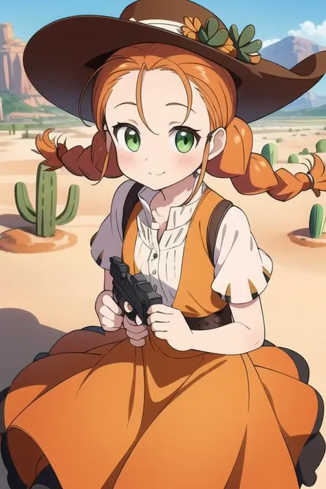 masterpiece,best quality,ultra detail, 1girl,petite,close up, orange hair, twin braids,blush, green eyes, yellow dress, skirt, white sleeves, red pendant,smile, outdoors, desert, <lora:wendy Garret:0.8>,rock,western horse carriage,cactus,old handgun