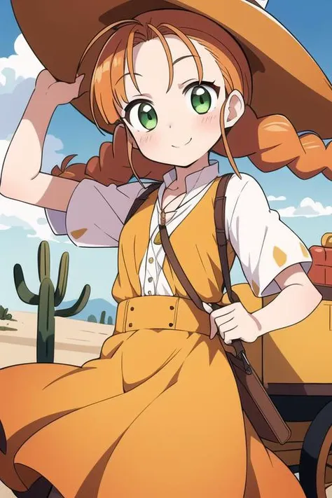 masterpiece,best quality,ultra detail, 1girl,petite,close up, orange hair, twin braids,blush, green eyes, yellow dress, skirt, white sleeves, red pendant,smile, outdoors, desert, <lora:wendy Garret:0.8>,rock,western horse carriage,cactus,old handgun