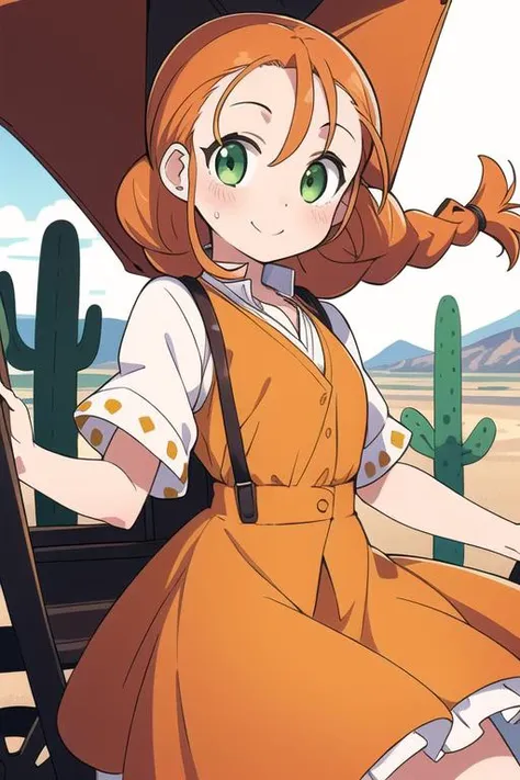 masterpiece,best quality,ultra detail, 1girl,petite,close up, orange hair, twin braids,blush, green eyes, yellow dress, skirt, white sleeves, red pendant,smile, outdoors, desert, <lora:wendy Garret:0.8>,rock,western horse carriage,cactus,old handgun