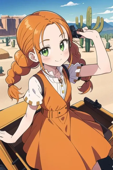 masterpiece,best quality,ultra detail, 1girl,petite,close up, orange hair, twin braids,blush, green eyes, yellow dress, skirt, white sleeves, red pendant,smile, outdoors, desert, <lora:wendy Garret:0.8>,rock,western horse carriage,cactus,old handgun