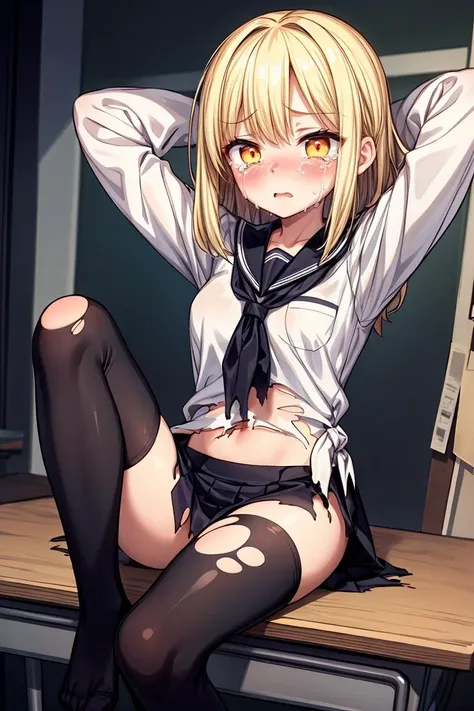 (masterpiece, best quality), 1girl, solo,sitting on a desk, beautiful face, blonde hair, torn clothes, torn legwear, dark school uniform, black thighhighs, moldy room, scared,crying, terrified face, itricate details, tied arms behind head, dark atmosphere, danger, <lora:add_detail:1>