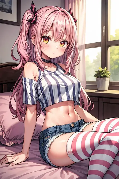 (masterpiece, best quality), 1girl, pink hair, crop top, denim shorts, bedroom, striped thighhighs, <lora:add_detail:1>,