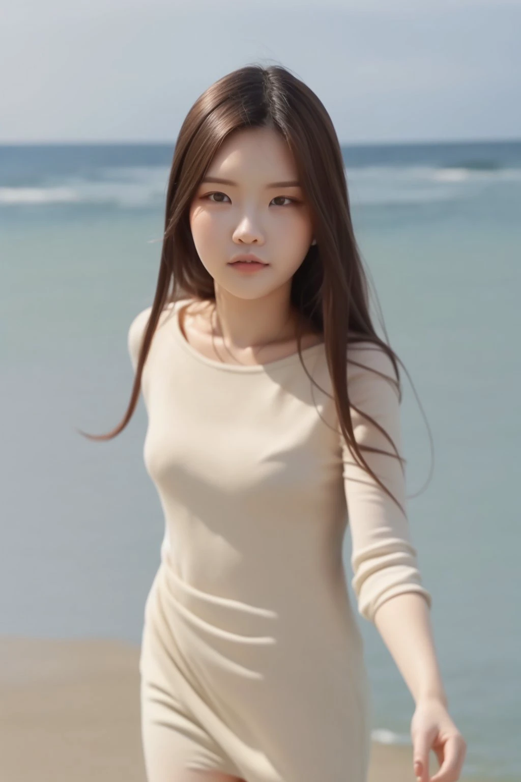 masterpiece, best quality,closed mouth, looking at viewer, full body, alluring, clean, beautiful face, pure face, pale skin, little smile,1girl, white dress, beach, walking,
<lyco:xooos:1.0>