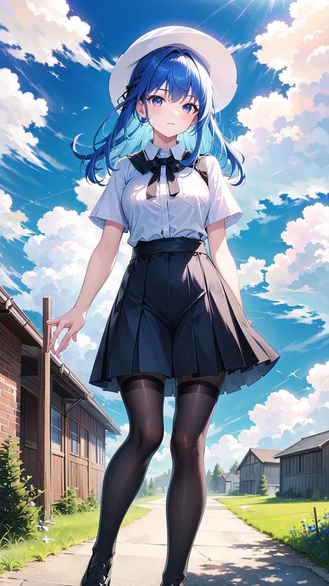 best quality, masterpiece, 1girl, solo, standing, full body, breast, black skirt, black legwear, thighhighs, black pantyhose, white shirt, short sleeves, long hair, blue hair, blue sky, clouds, background, <lora:NormalStyle:0.6>