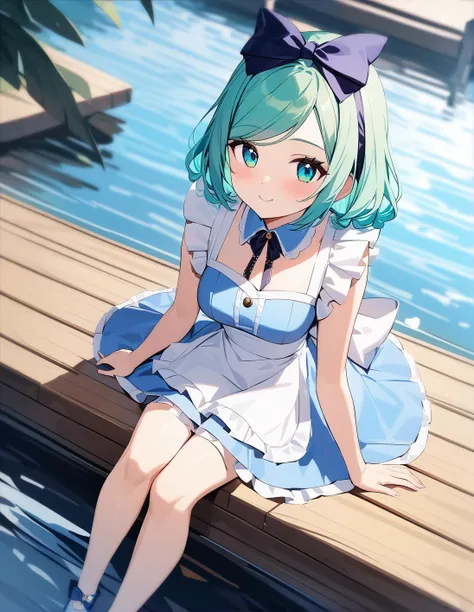 best quality, ultra-detailed, 1girl, solo, induction cut hair, aqua hair, <lora:sdxl-alice_in_wonderland_outfit-v1:1>, aliceinwonderlandoutfit, blue dress, ,hair bow , sitting ,, swept bangs,:>, <lora:ALTXL_001_4:2>, on a jetty