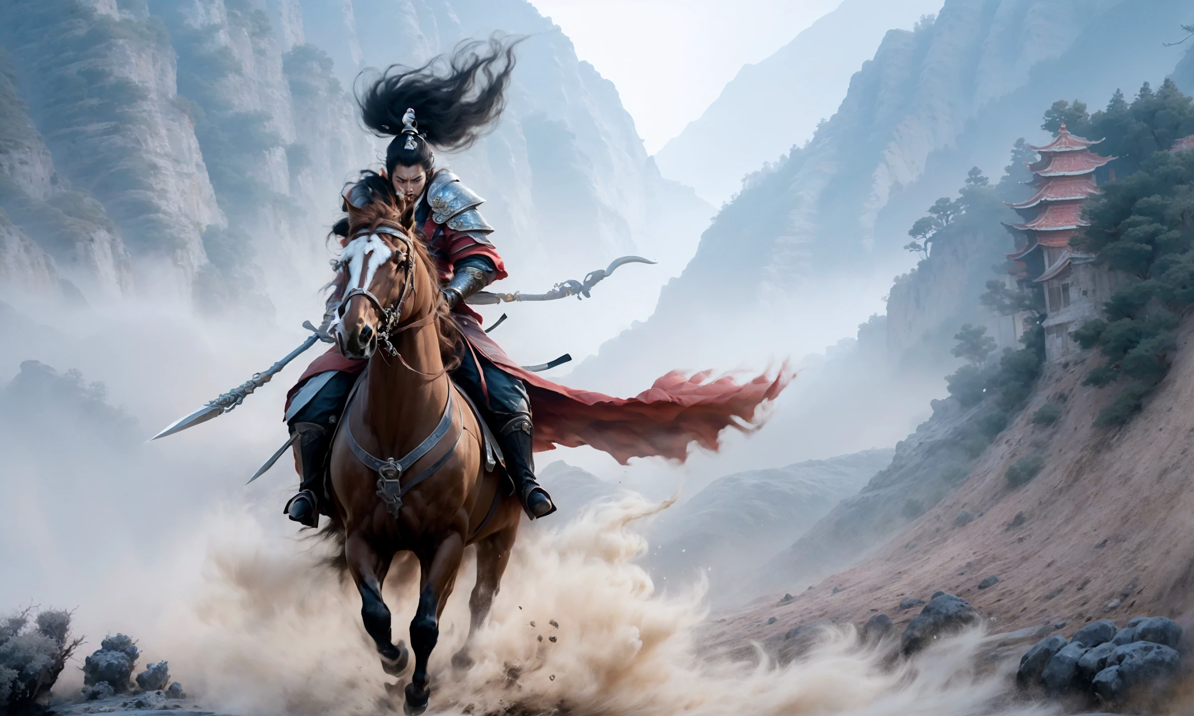 (dramatic, gritty, intense:1.4),masterpiece, best quality, 32k uhd, insane details, intricate details, hyperdetailed, hyper quality, high detail, ultra detailed, Masterpiece, battlefield(wide shot, wide-angle lens,Panoramic:1.5),
Chinese martial arts war scenes, a girl Chinese wearing blue and white porcelain armor, chinese ink style, martial arts style, Chinese fairy tale,highly detailed, dynamic, cinematic, stunning, realistic lighting and shading, vivid, vibrant, 8k,octane render, unreal engine, very detailed, concept art, realistic, Cry engine,
weaponpolearmwhite ridingwhite horsehorseback riding, windsmoke
1boy(full body:1.5), holdingmale focus, holding weapon(holding polearmspear:1.5),white chinese clothesarmor, white cape, shoulder armor, helmet, black hair, ponytail, (white ribbon:1.4)outdoors, embers, animal
A shot with tension(sky glows red,Visual impact,giving the poster a dynamic and visually striking appearance:1.2),Chinese Zen style,impactful picture,  <lora:~Q?-lhorse:0.9>
