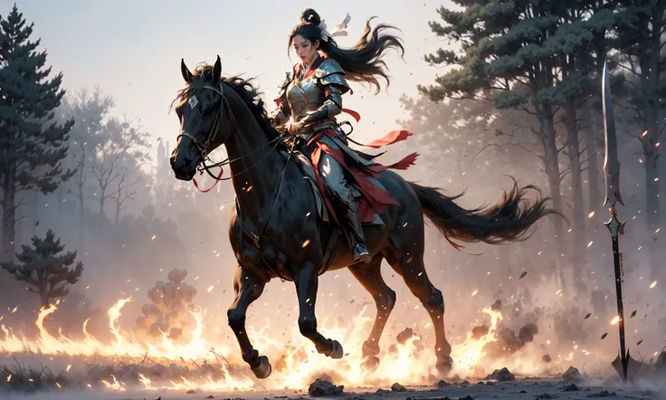 (dramatic, gritty, intense:1.4),masterpiece, best quality, 32k uhd, insane details, intricate details, hyperdetailed, hyper quality, high detail, ultra detailed, Masterpiece, battlefield(wide shot, wide-angle lens,Panoramic:1.5),
Chinese martial arts war scenes, a girl Chinese wearing blue and white porcelain armor, chinese ink style, martial arts style, Chinese fairy tale,highly detailed, dynamic, cinematic, stunning, realistic lighting and shading, vivid, vibrant, 8k,octane render, unreal engine, very detailed, concept art, realistic, Cry engine,
weaponpolearmwhite ridingwhite horsehorseback riding, windsmoke
1boy(full body:1.5), holdingmale focus, holding weapon(holding polearmspear:1.5),white chinese clothesarmor, white cape, shoulder armor, helmet, black hair, ponytail, (white ribbon:1.4)outdoors, embers, animal
A shot with tension(sky glows red,Visual impact,giving the poster a dynamic and visually striking appearance:1.2),Chinese Zen style,impactful picture,  <lora:~Q?-lhorse:0.9>