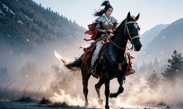 (dramatic, gritty, intense:1.4),masterpiece, best quality, 32k uhd, insane details, intricate details, hyperdetailed, hyper quality, high detail, ultra detailed, Masterpiece, battlefield(wide shot, wide-angle lens,Panoramic:1.5),
Chinese martial arts war scenes, a girl Chinese wearing blue and white porcelain armor, chinese ink style, martial arts style, Chinese fairy tale,highly detailed, dynamic, cinematic, stunning, realistic lighting and shading, vivid, vibrant, 8k,octane render, unreal engine, very detailed, concept art, realistic, Cry engine,
weaponpolearmwhite ridingwhite horsehorseback riding, windsmoke
1boy(full body:1.5), holdingmale focus, holding weapon(holding polearmspear:1.5),white chinese clothesarmor, white cape, shoulder armor, helmet, black hair, ponytail, (white ribbon:1.4)outdoors, embers, animal
A shot with tension(sky glows red,Visual impact,giving the poster a dynamic and visually striking appearance:1.2),Chinese Zen style,impactful picture,  <lora:~Q?-lhorse:0.9>