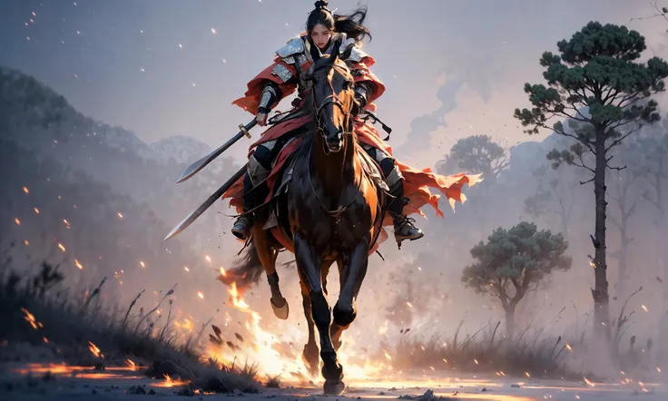 (dramatic, gritty, intense:1.4),masterpiece, best quality, 32k uhd, insane details, intricate details, hyperdetailed, hyper quality, high detail, ultra detailed, Masterpiece, battlefield(wide shot, wide-angle lens,Panoramic:1.5),
Chinese martial arts war scenes, a girl Chinese wearing blue and white porcelain armor, chinese ink style, martial arts style, Chinese fairy tale,highly detailed, dynamic, cinematic, stunning, realistic lighting and shading, vivid, vibrant, 8k,octane render, unreal engine, very detailed, concept art, realistic, Cry engine,
weaponpolearmwhite ridingwhite horsehorseback riding, windsmoke
1boy(full body:1.5), holdingmale focus, holding weapon(holding polearmspear:1.5),white chinese clothesarmor, white cape, shoulder armor, helmet, black hair, ponytail, (white ribbon:1.4)outdoors, embers, animal
A shot with tension(sky glows red,Visual impact,giving the poster a dynamic and visually striking appearance:1.2),Chinese Zen style,impactful picture,  <lora:~Q?-lhorse:1>