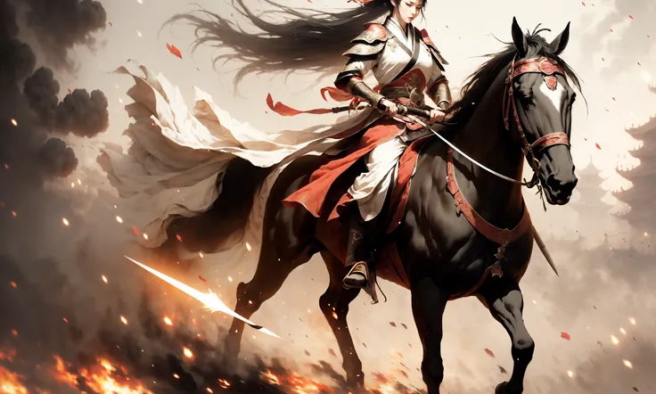 (dramatic, gritty, intense:1.4),masterpiece, best quality, 32k uhd, insane details, intricate details, hyperdetailed, hyper quality, high detail, ultra detailed, Masterpiece, battlefield(wide shot, wide-angle lens,Panoramic:1.5),
Chinese martial arts war scenes, a girl Chinese wearing blue and white porcelain armor, chinese ink style, martial arts style, Chinese fairy tale,highly detailed, dynamic, cinematic, stunning, realistic lighting and shading, vivid, vibrant, 8k,octane render, unreal engine, very detailed, concept art, realistic, Cry engine,
weaponpolearmwhite ridingwhite horsehorseback riding, windsmoke
1boy(full body:1.5), holdingmale focus, holding weapon(holding polearmspear:1.5),white chinese clothesarmor, white cape, shoulder armor, helmet, black hair, ponytail, (white ribbon:1.4)outdoors, embers, animal
A shot with tension(sky glows red,Visual impact,giving the poster a dynamic and visually striking appearance:1.2),Chinese Zen style,impactful picture,  <lora:~Q?-lhorse:0.9>