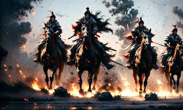 (dramatic, gritty, intense:1.4),masterpiece, best quality, 32k uhd, insane details, intricate details, hyperdetailed, hyper quality, high detail, ultra detailed, Masterpiece, battlefield(wide shot, wide-angle lens,Panoramic:1.5),
Chinese martial arts war scenes, a girl Chinese wearing blue and white porcelain armor, chinese ink style, martial arts style, Chinese fairy tale,highly detailed, dynamic, cinematic, stunning, realistic lighting and shading, vivid, vibrant, 8k,octane render, unreal engine, very detailed, concept art, realistic, Cry engine,
weaponpolearmwhite ridingwhite horsehorseback riding, windsmoke
1boysolo(full body:1.5), holdingmale focus, holding weapon(holding polearmspear:1.5),white chinese clothesarmor, white cape, shoulder armor, helmet, black hair, ponytail, (white ribbon:1.4)outdoors, embers, animal
A shot with tension(sky glows red,Visual impact,giving the poster a dynamic and visually striking appearance:1.2),Chinese Zen style,impactful picture, <lora:horse_20230905034400-000020:1>