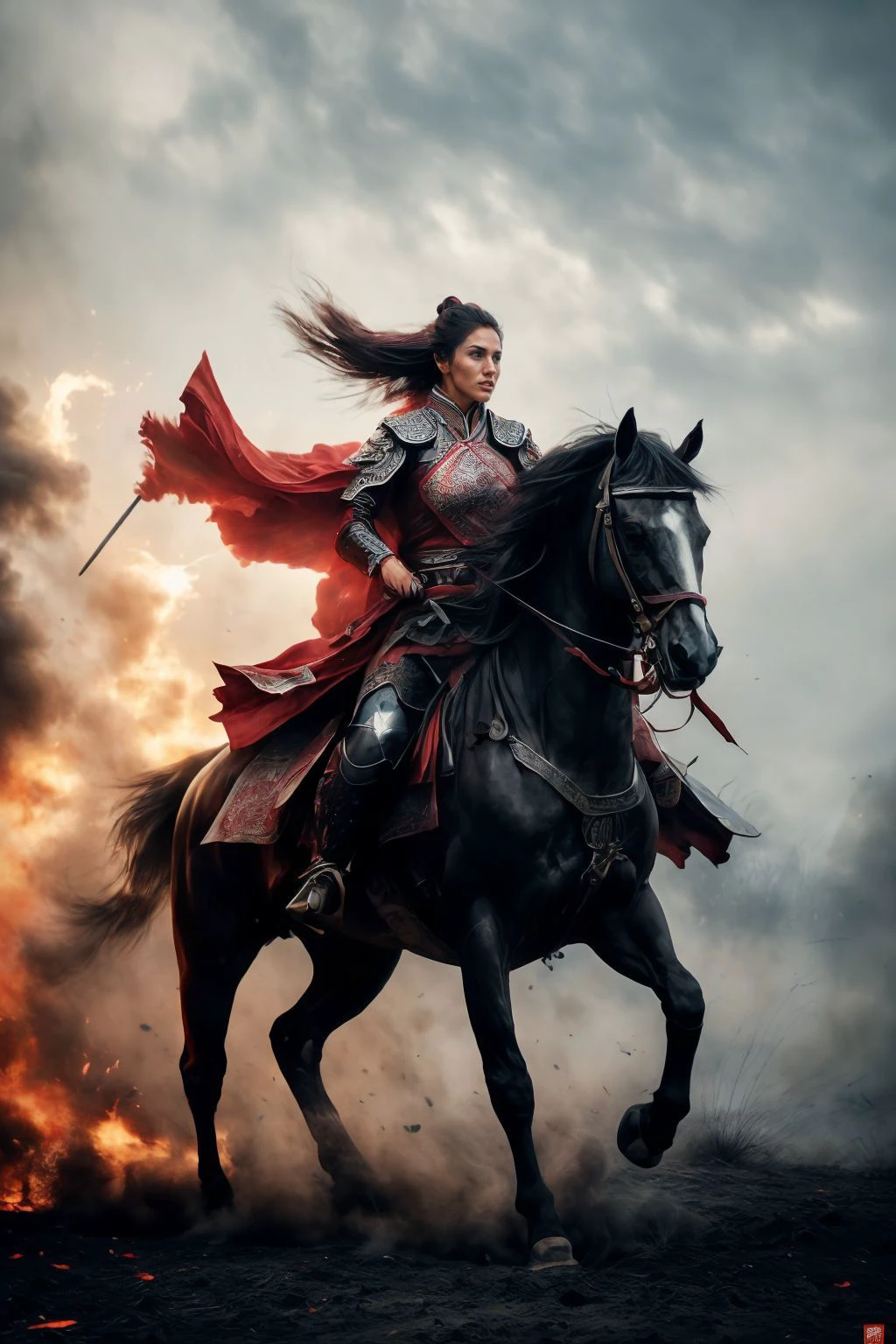 battlefield(wide shot, wide-angle lens:1.3), Chinese martial arts war scenes, a girl Chinese wearing blue and white porcelain armor,  martial arts style, 
weaponpolearmwhite ridingwhite horsehorseback riding, windsmoke
1girlsolo(full body:1.3)
A shot with tension(sky glows red,Visual impact,giving the poster a dynamic and visually striking appearance:1.2),impactful picture, <lora:horse_20230905034400:0.8> <lora:PowderExplosion_v1.0:0.4> engulfed by black powder explosion  <lora:add_detail:1>, (realistic, epic character composition, by ilya kuvshinov, alessio albi, nina masic, sharp focus, natural lighting, subsurface scattering, f2, 35mm, film grain, artistic photography, beautiful, masterpiece, hyperdetailed)