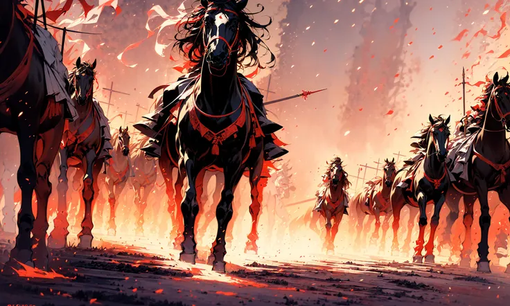 (dramatic, gritty, intense:1.4),masterpiece, best quality, 32k uhd, insane details, intricate details, hyperdetailed, hyper quality, high detail, ultra detailed, Masterpiece, battlefield(wide shot, wide-angle lens,Panoramic:1.5),
Chinese martial arts war scenes, a girl Chinese wearing blue and white porcelain armor, chinese ink style, martial arts style, Chinese fairy tale,highly detailed, dynamic, cinematic, stunning, realistic lighting and shading, vivid, vibrant, 8k,octane render, unreal engine, very detailed, concept art, realistic, Cry engine,
weaponpolearmwhite ridingwhite horsehorseback riding, windsmoke
1boy(full body:1.5), holdingmale focus, holding weapon(holding polearmspear:1.5),white chinese clothesarmor, white cape, shoulder armor, helmet, black hair, ponytail, (white ribbon:1.4)outdoors, embers, animal
A shot with tension(sky glows red,Visual impact,giving the poster a dynamic and visually striking appearance:1.2),Chinese Zen style,impactful picture,  <lora:~Q?-lhorse:0.9>