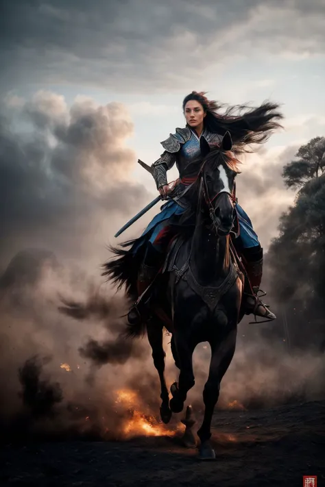 battlefield(wide shot, wide-angle lens:1.3), Chinese martial arts war scenes, a girl Chinese wearing blue and white porcelain armor,  martial arts style, 
weaponpolearmwhite ridingwhite horsehorseback riding, windsmoke
1girlsolo(full body:1.3)
A shot with tension(sky glows red,Visual impact,giving the poster a dynamic and visually striking appearance:1.2),impactful picture, <lora:horse_20230905034400:0.8> <lora:PowderExplosion_v1.0:0.4> engulfed by black powder explosion  <lora:add_detail:1>, (realistic, epic character composition, by ilya kuvshinov, alessio albi, nina masic, sharp focus, natural lighting, subsurface scattering, f2, 35mm, film grain, artistic photography, beautiful, masterpiece, hyperdetailed)