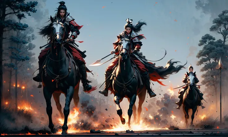 (dramatic, gritty, intense:1.4),masterpiece, best quality, 32k uhd, insane details, intricate details, hyperdetailed, hyper quality, high detail, ultra detailed, Masterpiece, battlefield(wide shot, wide-angle lens,Panoramic:1.5),
Chinese martial arts war scenes, a girl Chinese wearing blue and white porcelain armor, chinese ink style, martial arts style, Chinese fairy tale,highly detailed, dynamic, cinematic, stunning, realistic lighting and shading, vivid, vibrant, 8k,octane render, unreal engine, very detailed, concept art, realistic, Cry engine,
weaponpolearmwhite ridingwhite horsehorseback riding, windsmoke
1boysolo(full body:1.5), holdingmale focus, holding weapon(holding polearmspear:1.5),white chinese clothesarmor, white cape, shoulder armor, helmet, black hair, ponytail, (white ribbon:1.4)outdoors, embers, animal
A shot with tension(sky glows red,Visual impact,giving the poster a dynamic and visually striking appearance:1.2),Chinese Zen style,impactful picture, <lora:~Q?-lhorse:0.8>
