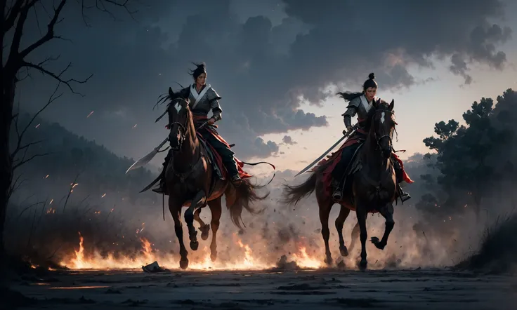 (dramatic, gritty, intense:1.4),masterpiece, best quality, 32k uhd, insane details, intricate details, hyperdetailed, hyper quality, high detail, ultra detailed, Masterpiece, battlefield(wide shot, wide-angle lens,Panoramic:1.5),
Chinese martial arts war scenes, a girl Chinese wearing blue and white porcelain armor, chinese ink style, martial arts style, Chinese fairy tale,highly detailed, dynamic, cinematic, stunning, realistic lighting and shading, vivid, vibrant, 8k,octane render, unreal engine, very detailed, concept art, realistic, Cry engine,
weaponpolearmwhite ridingwhite horsehorseback riding, windsmoke
1boy(full body:1.5), holdingmale focus, holding weapon(holding polearmspear:1.5),white chinese clothesarmor, white cape, shoulder armor, helmet, black hair, ponytail, (white ribbon:1.4)outdoors, embers, animal
A shot with tension(sky glows red,Visual impact,giving the poster a dynamic and visually striking appearance:1.2),Chinese Zen style,impactful picture,  <lora:~Q?-lhorse:0.9>
