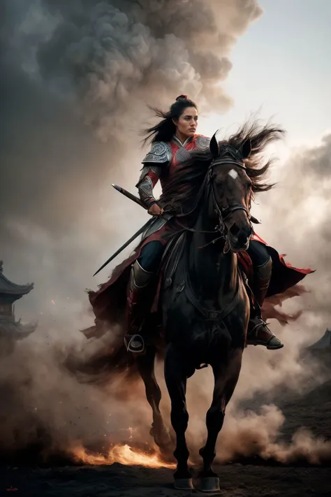 battlefield(wide shot, wide-angle lens:1.3), Chinese martial arts war scenes, a girl Chinese wearing blue and white porcelain armor,  martial arts style, 
weaponpolearmwhite ridingwhite horsehorseback riding, windsmoke
1girlsolo(full body:1.3)
A shot with tension(sky glows red,Visual impact,giving the poster a dynamic and visually striking appearance:1.2),impactful picture, <lora:horse_20230905034400:0.8> <lora:PowderExplosion_v1.0:0.4> engulfed by black powder explosion  <lora:add_detail:1>, (realistic, epic character composition, by ilya kuvshinov, alessio albi, nina masic, sharp focus, natural lighting, subsurface scattering, f2, 35mm, film grain, artistic photography, beautiful, masterpiece, hyperdetailed)