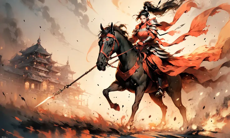 (dramatic, gritty, intense:1.4),masterpiece, best quality, 32k uhd, insane details, intricate details, hyperdetailed, hyper quality, high detail, ultra detailed, Masterpiece, battlefield(wide shot, wide-angle lens,Panoramic:1.5),
Chinese martial arts war scenes, a girl Chinese wearing blue and white porcelain armor, chinese ink style, martial arts style, Chinese fairy tale,highly detailed, dynamic, cinematic, stunning, realistic lighting and shading, vivid, vibrant, 8k,octane render, unreal engine, very detailed, concept art, realistic, Cry engine,
weaponpolearmwhite ridingwhite horsehorseback riding, windsmoke
1boy(full body:1.5), holdingmale focus, holding weapon(holding polearmspear:1.5),white chinese clothesarmor, white cape, shoulder armor, helmet, black hair, ponytail, (white ribbon:1.4)outdoors, embers, animal
A shot with tension(sky glows red,Visual impact,giving the poster a dynamic and visually striking appearance:1.2),Chinese Zen style,impactful picture,  <lora:~Q?-lhorse:1>