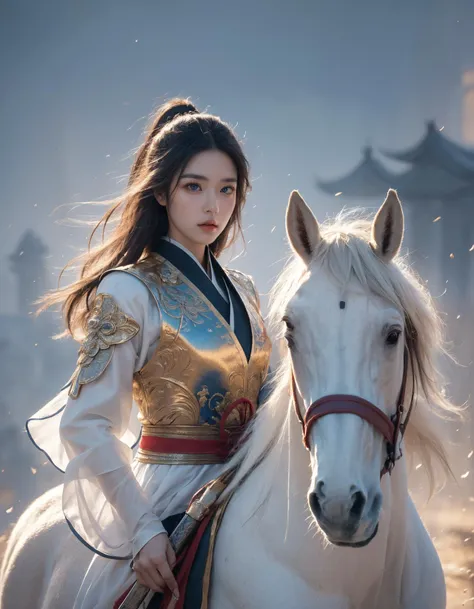 (Best Quality, Masterpiece:1.4), (Realism:1.2), (Realisitc:1.2), (Absurdres:1.2), (photorealistic:1.3), 1girl,Realistic Skin,Solo,( Very Big Eyes,beautiful detailed eyes, symmetric eyes), (upper body),cowboy shot,battlefield, Chinese martial arts war scenes, a girl Chinese wearing blue and white porcelain armor, chinese ink style, martial arts style, Chinese fairy tale,highly detailed, dynamic, cinematic, stunning, realistic lighting and shading, vivid, vibrant, octane render, unreal engine, very detailed, concept art, realistic, polearm white riding, white horse, windsmoke,Chinese Zen style,impactful picture, <lora:ç»ªå¿-éªé©¬horse:0.6>