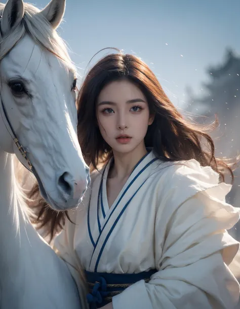 (Best Quality, Masterpiece:1.4), (Realism:1.2), (Realisitc:1.2), (Absurdres:1.2), (photorealistic:1.3), 1girl,Realistic Skin,Solo,( Very Big Eyes,beautiful detailed eyes, symmetric eyes), (upper body),cowboy shot,battlefield, Chinese martial arts war scenes, a girl Chinese wearing blue and white porcelain armor, chinese ink style, martial arts style, Chinese fairy tale,highly detailed, dynamic, cinematic, stunning, realistic lighting and shading, vivid, vibrant, octane render, unreal engine, very detailed, concept art, realistic, polearm white riding, white horse, windsmoke,Chinese Zen style,impactful picture, <lora:ç»ªå¿-éªé©¬horse:0.6>