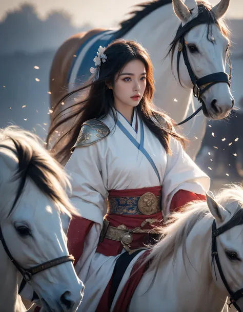 (Best Quality, Masterpiece:1.4), (Realism:1.2), (Realisitc:1.2), (Absurdres:1.2), (photorealistic:1.3), 1girl,Realistic Skin,Solo,( Very Big Eyes,beautiful detailed eyes, symmetric eyes), (upper body),cowboy shot,battlefield, Chinese martial arts war scenes, a girl Chinese wearing blue and white porcelain armor, chinese ink style, martial arts style, Chinese fairy tale,highly detailed, dynamic, cinematic, stunning, realistic lighting and shading, vivid, vibrant, octane render, unreal engine, very detailed, concept art, realistic, riding white horse, windsmoke,Chinese Zen style,impactful picture, <lora:ç»ªå¿-éªé©¬horse:0.6>