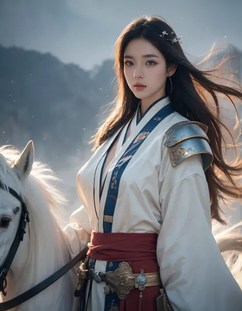 (Best Quality, Masterpiece:1.4), (Realism:1.2), (Realisitc:1.2), (Absurdres:1.2), (photorealistic:1.3), 1girl,Realistic Skin,Solo,( Very Big Eyes,beautiful detailed eyes, symmetric eyes), (upper body),cowboy shot,battlefield, Chinese martial arts war scenes, a girl Chinese wearing blue and white porcelain armor, chinese ink style, martial arts style, Chinese fairy tale,highly detailed, dynamic, cinematic, stunning, realistic lighting and shading, vivid, vibrant, octane render, unreal engine, very detailed, concept art, realistic, polearm white riding, white horse, windsmoke,Chinese Zen style,impactful picture, <lora:ç»ªå¿-éªé©¬horse:0.6>