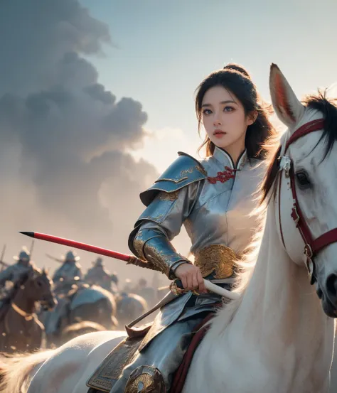 (Best Quality, Masterpiece:1.4), (Realism:1.2), (Realisitc:1.2), (Absurdres:1.2), (photorealistic:1.3), 1girl,Realistic Skin,Solo,( Very Big Eyes,beautiful detailed eyes, symmetric eyes), (upper body),cowboy shot,battlefield, Chinese martial arts war scenes, a girl Chinese wearing blue and white porcelain armor, chinese ink style, martial arts style, Chinese fairy tale,highly detailed, dynamic, cinematic, stunning, realistic lighting and shading, vivid, vibrant, octane render, unreal engine, very detailed, concept art, realistic, Cry engine, weaponpolearmwhite ridingwhite horsehorseback riding, windsmoke , A shot with tension(sky glows red,Visual impact,giving the poster a dynamic and visually striking appearance:1.2),Chinese Zen style,impactful picture, <lora:ç»ªå¿-éªé©¬horse:0.6>
