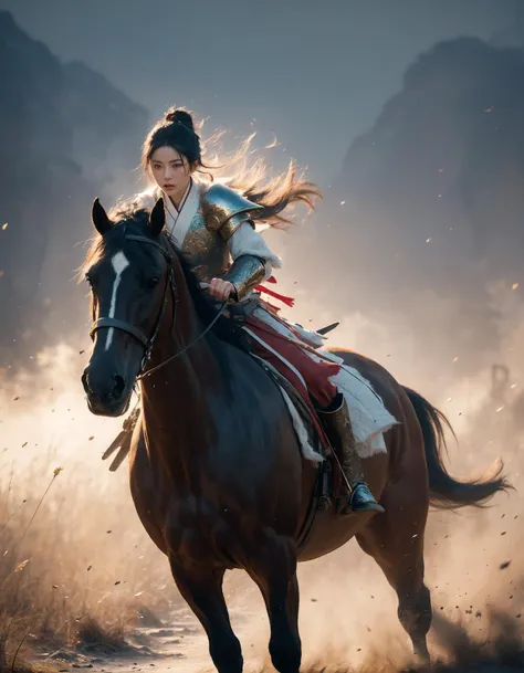 (Best Quality, Masterpiece:1.4), (Realism:1.2), (Realisitc:1.2), (Absurdres:1.2), (photorealistic:1.3), 1girl,Realistic Skin,Solo,( Very Big Eyes,beautiful detailed eyes, symmetric eyes), upper body,((cowboy shot)),battlefield, Chinese martial arts war scenes, a girl Chinese wearing blue and white porcelain armor, martial arts style, Chinese fairy tale,highly detailed, dynamic, cinematic, stunning, realistic lighting and shading, vivid, vibrant, octane render, unreal engine, very detailed, concept art, realistic, riding white horse, windsmoke,Chinese Zen style,impactful picture, <lora:ç»ªå¿-éªé©¬horse:0.6>