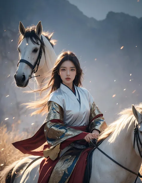 (Best Quality, Masterpiece:1.4), (Realism:1.2), (Realisitc:1.2), (Absurdres:1.2), (photorealistic:1.3), 1girl,Realistic Skin,Solo,( Very Big Eyes,beautiful detailed eyes, symmetric eyes), upper body,((cowboy shot)),battlefield, Chinese martial arts war scenes, a girl Chinese wearing blue and white porcelain armor, martial arts style, Chinese fairy tale,highly detailed, dynamic, cinematic, stunning, realistic lighting and shading, vivid, vibrant, octane render, unreal engine, very detailed, concept art, realistic, riding white horse, windsmoke,Chinese Zen style,impactful picture, <lora:ç»ªå¿-éªé©¬horse:0.6>